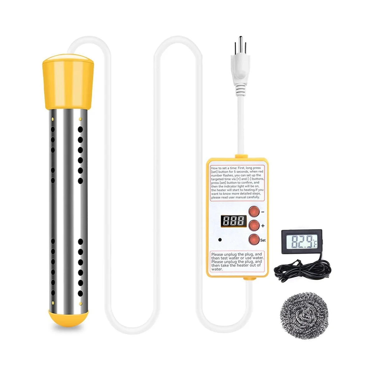 

Immersion Water Heater, 1500W Electric Submersible Water Heater with Timer, Stainless Steel Guard Cover US Plug