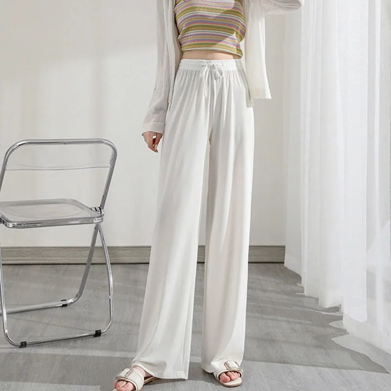 

Leayond Large Size High Waist Ice Silk Wide Leg Pants Summer Thin Section White Loose Mopping Straight Casual Pants Women