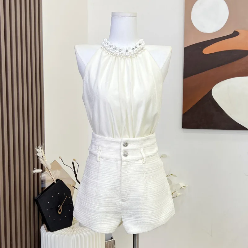 

French Luxury Diamonds Small Fragrance Two Piece Set Women Crop Top + Short Sets Korean Hotsweet Sexy Summer 2 Piece Pant Sets