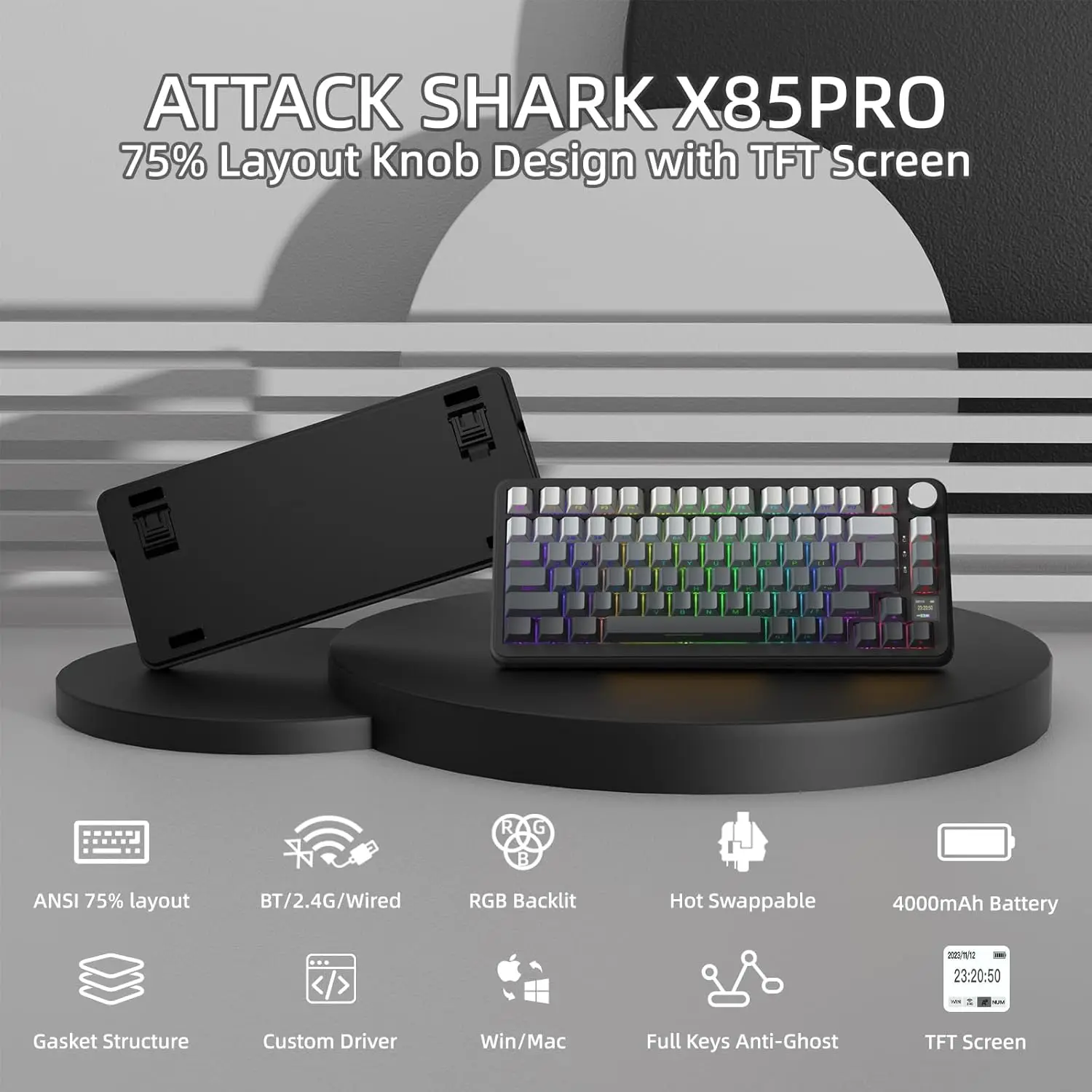 Фото Беспроводная механическая клавиатура ATTACK SHARK X85PRO 75% с TFT-дисплеем и ручкой, линейным переключателем с возможностью горячей замены, 4000 мАч, NKRO, RGB №2