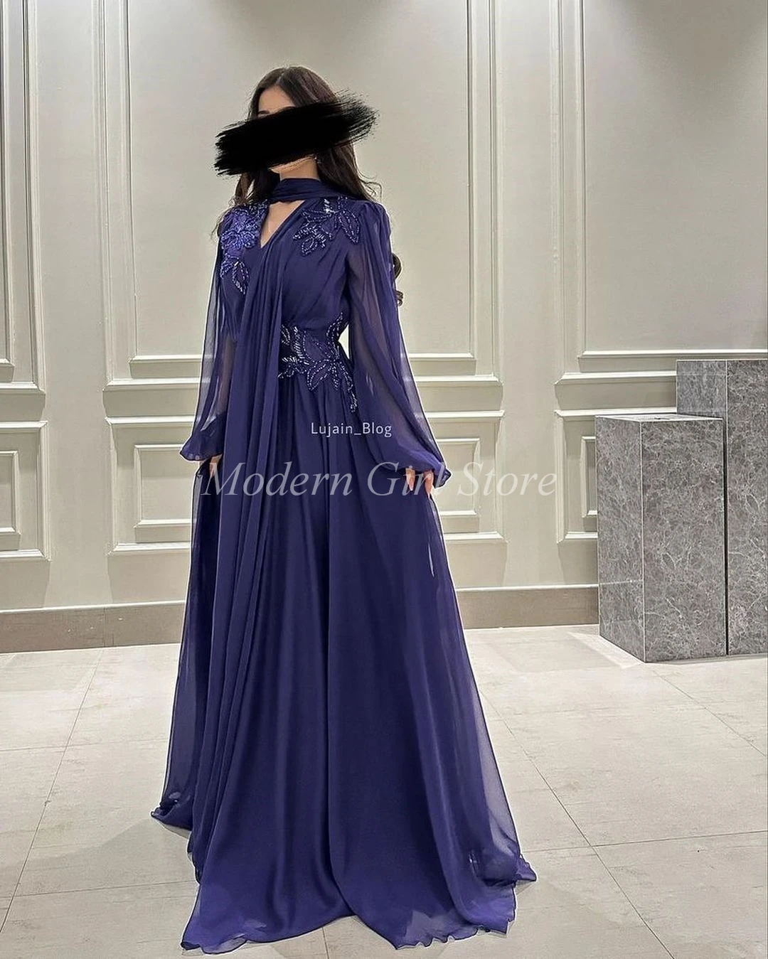

Hyacinthine Chiffon Long Sleeves Prom Dresses A-Line V Neck Beadings Floor Length Saudi Arabia Women Evening Party Dress