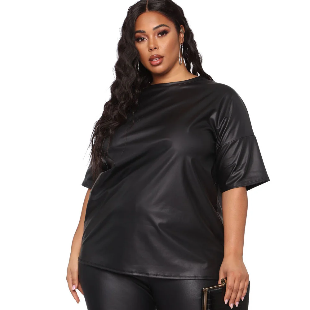 Plus Size Pu Two Piece Women Pants Sets Fashion Streetwear Half Sleeve Black Tshirt Elastic Waist Pants Whole 3xl 4xl 5xl 6xl