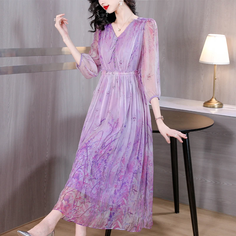 2023 Women's Purple Silk Holiday Style Skirt V-Neck Flower Print Short Sleeve Waist Wrapped Slim Long Dress Summer Loose Robe