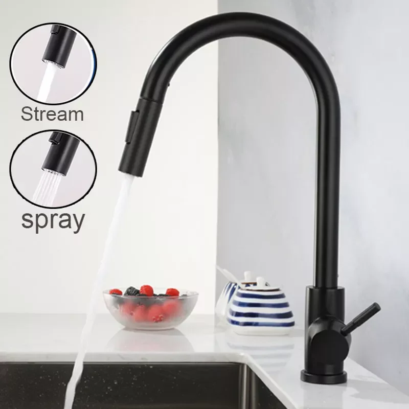 

Matte Black Kitchen Faucet Cold and Hot Mixer Pull Out Two Function Deck Mounted Tap With Free Hose