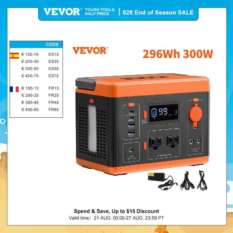 VEVOR 296Wh 300W Portable Power Station Solar Generator Backup Lithium Battery LCD Screen for Outdoors Camping Travel Emergency