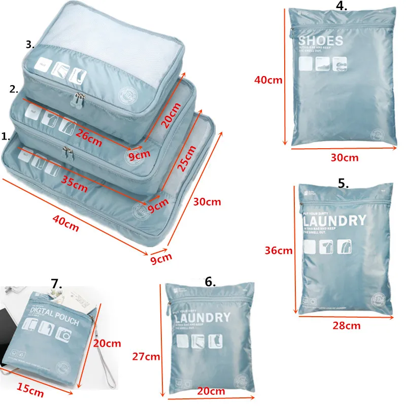7pcs/set Packing Cube Travel Bags Unisex Portable Large Capacity Clothing Cosmetics Sorting Pouch Organizer Luggage Accessories