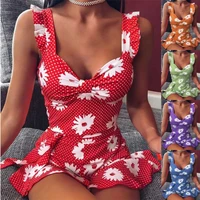 summer european and american printed dress shoulder straps flower dress high waist backless mini dresses for women