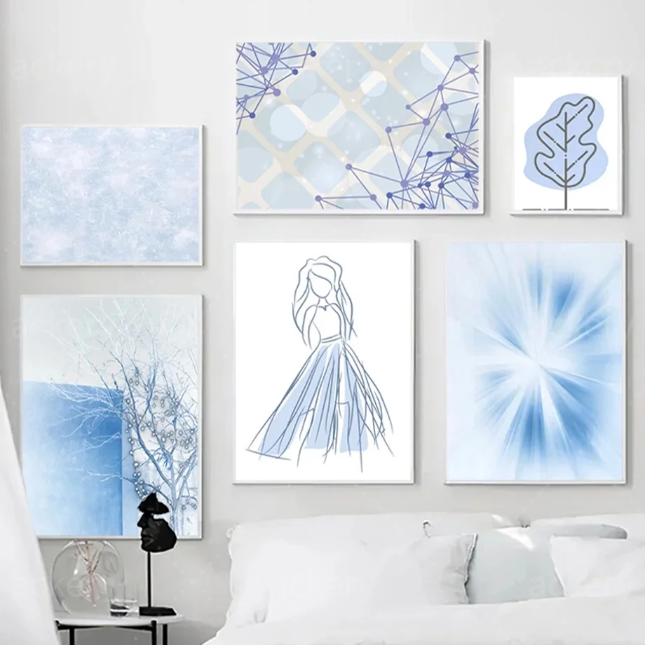 

Blue Canvas Painting Abstract Modular Color Block Line Wall Decoration Art Posters Nordic Pictures Decoration Living Room