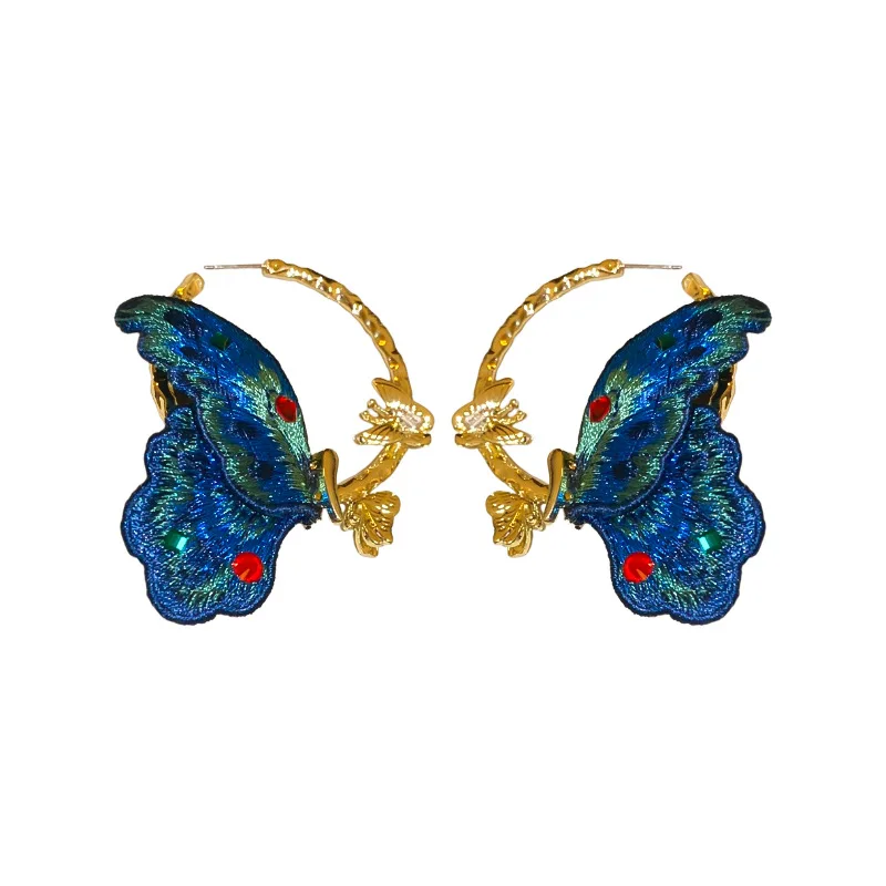 Женские серьги с вышивкой в виде синей бабочки