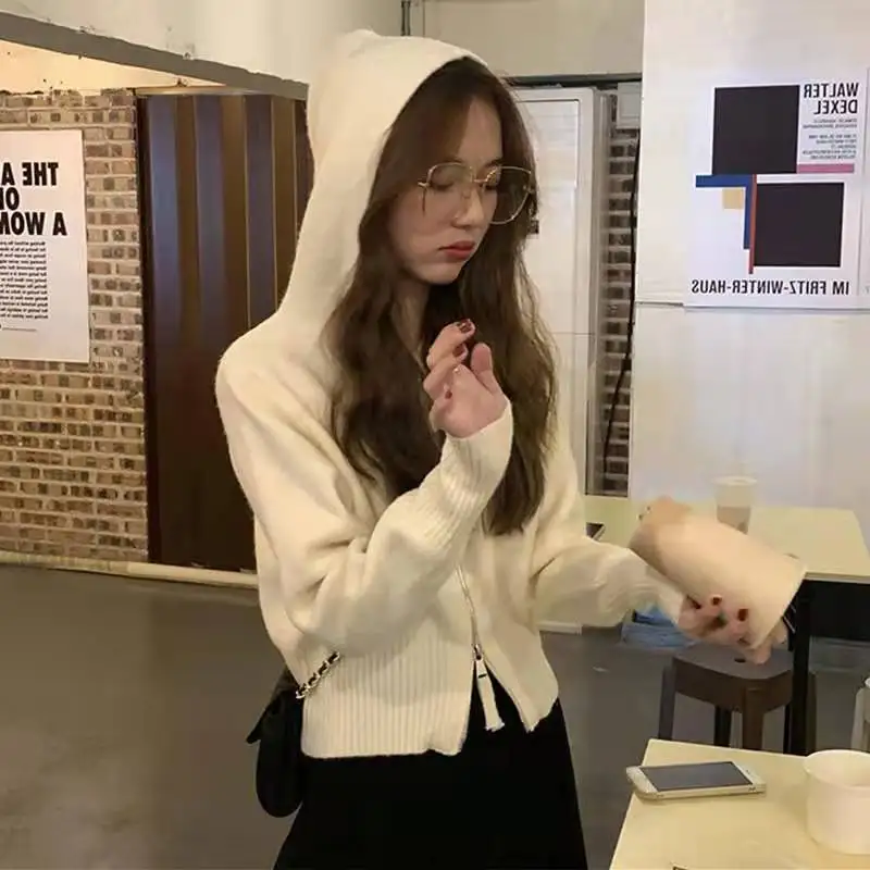 

Hooded double zipper knit cardigan woman 2023new lazy spring and autumn all casual sweater small coat woman