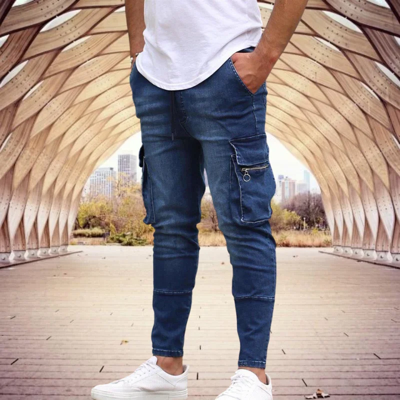Men's Slim Fit Stretch Jeans Casual Fashion Multi Pocket Denim Trousers Everyday Man Clothing Street Work Hip Hop Pants