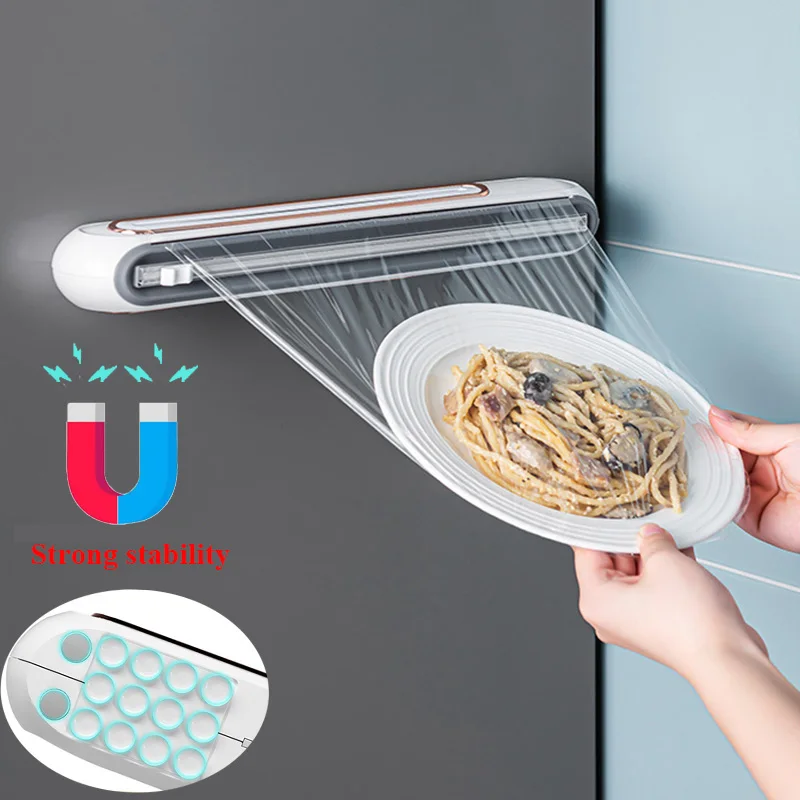 

Magnetic Food Film Dispenser Cling Wrap Dispenser For Food Film Kitchen Wall-Mounted Suction Cup Wrap Dispenser Tinfoil Cutter