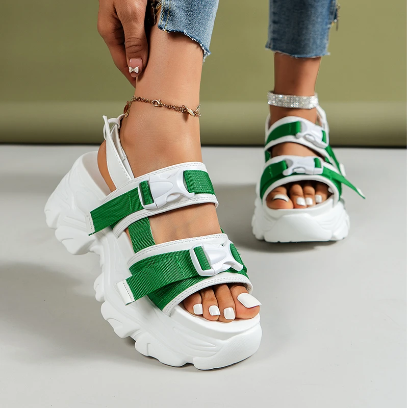 

Aphixta 2022 Summer 7cm/2.76 Inch Platform Height Increasing Sandals Cool Women Green Wedge Heel Shoes Buckle Plus Big Size 42