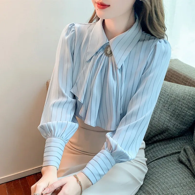 

New Arrival Bow Tie Stripes Shirt Womens Blouse Vintage Work Casual Top Chiffon Blouse Elegant Loose Business Shirts 2022