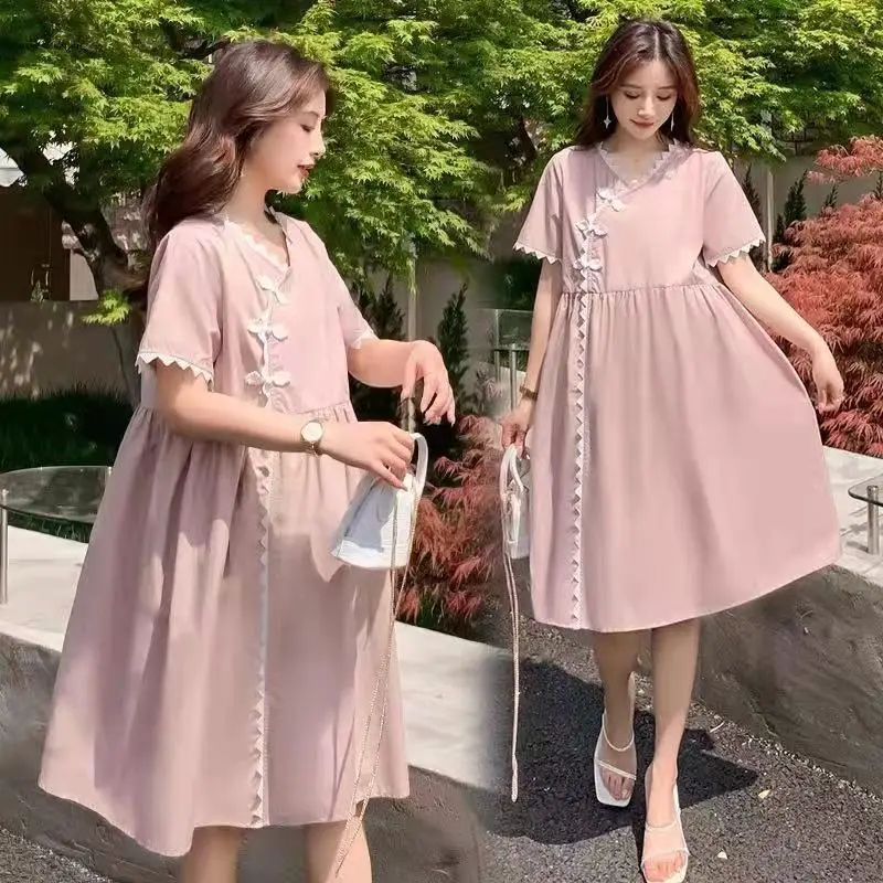 

Maternity Dress Summer New Loose Fashion Large Size Decorative Long Skirt Maternity Dress Pregnancy Clothes