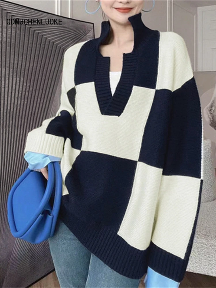 

Sweater Woman Clothing 2023 New In Autumn Winter Korean Style Fashion Retro Long Sleeved Top V-neck Lattice Knitwear Pullovers