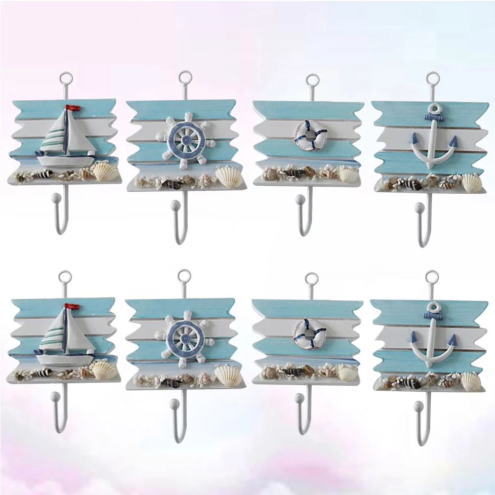 

8Pcs Mediterranean Style Hooks Bathroom Towel Hangers Adhesive Sailing Shape Hooks Wall Hooks for Home Kitchen Size