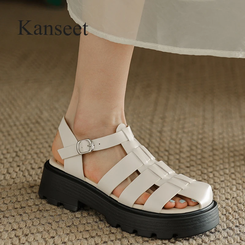 

Kanseet Platform Roman Sandals For Women 2022 Summer New Open-Toed Cow Leather Handmade Causal Chunky Heels Ladies Shoes Beige