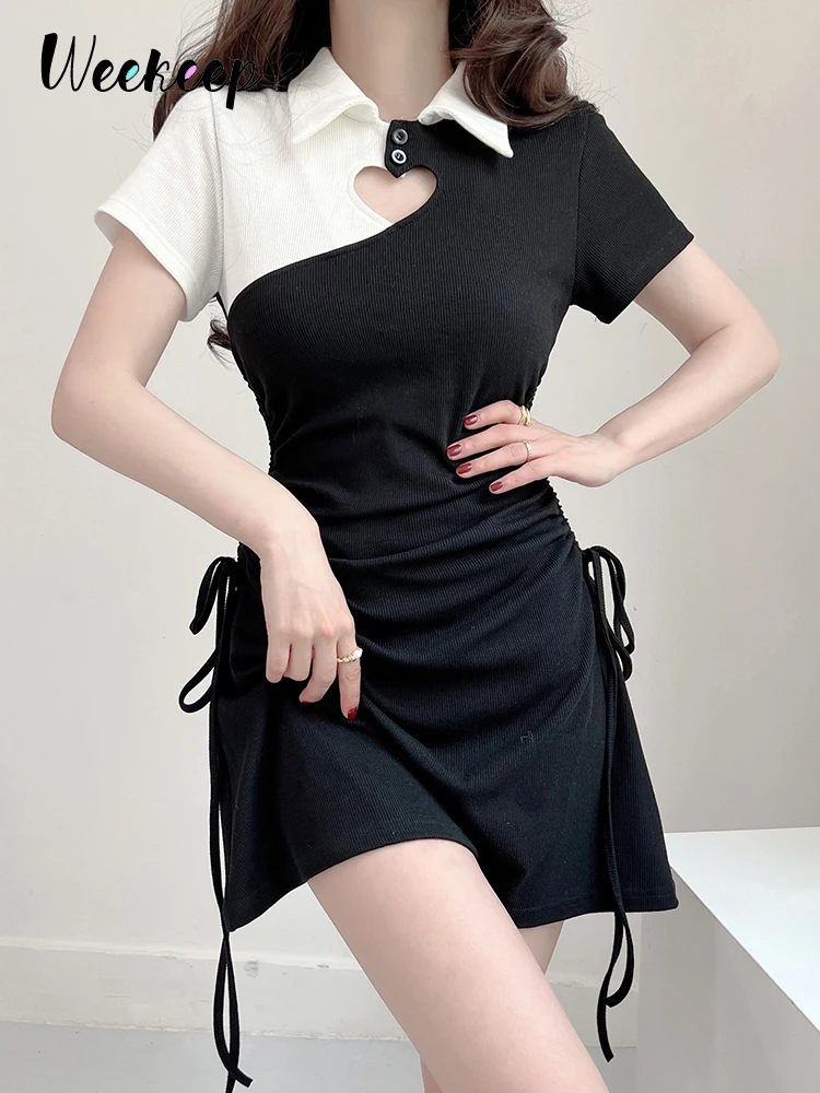 

Weekeep Korean Fashion Heart Hollow Out Mini Dress Short Sleeve Drawstring Knitted A-line Dresses 2022 Summer Outfits for Women