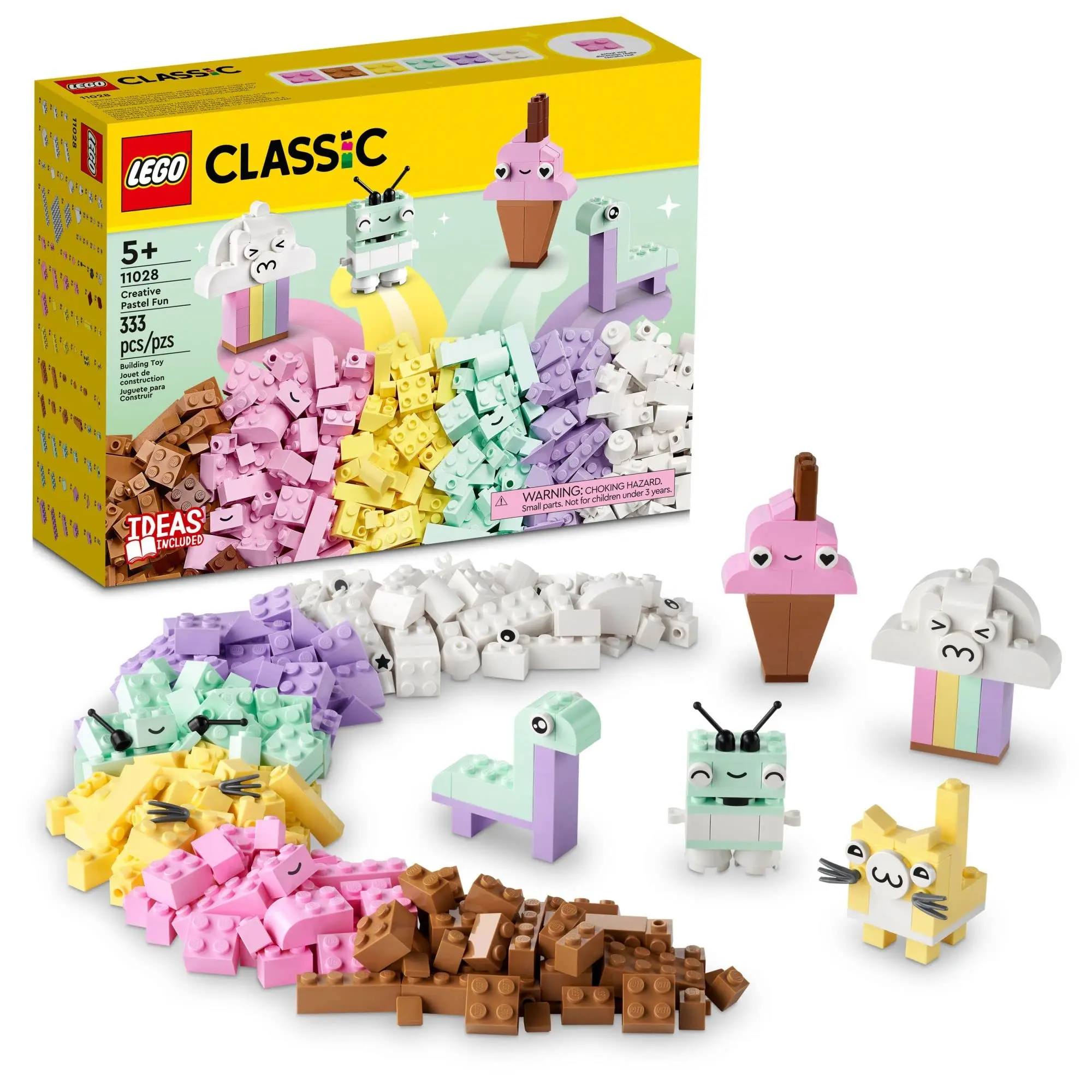 

LEGO Classic Creative Pastel Fun Bricks Box 11028, Building Toys with Models; Ice Cream, Dinosaur, Cat Creative Learning Gift