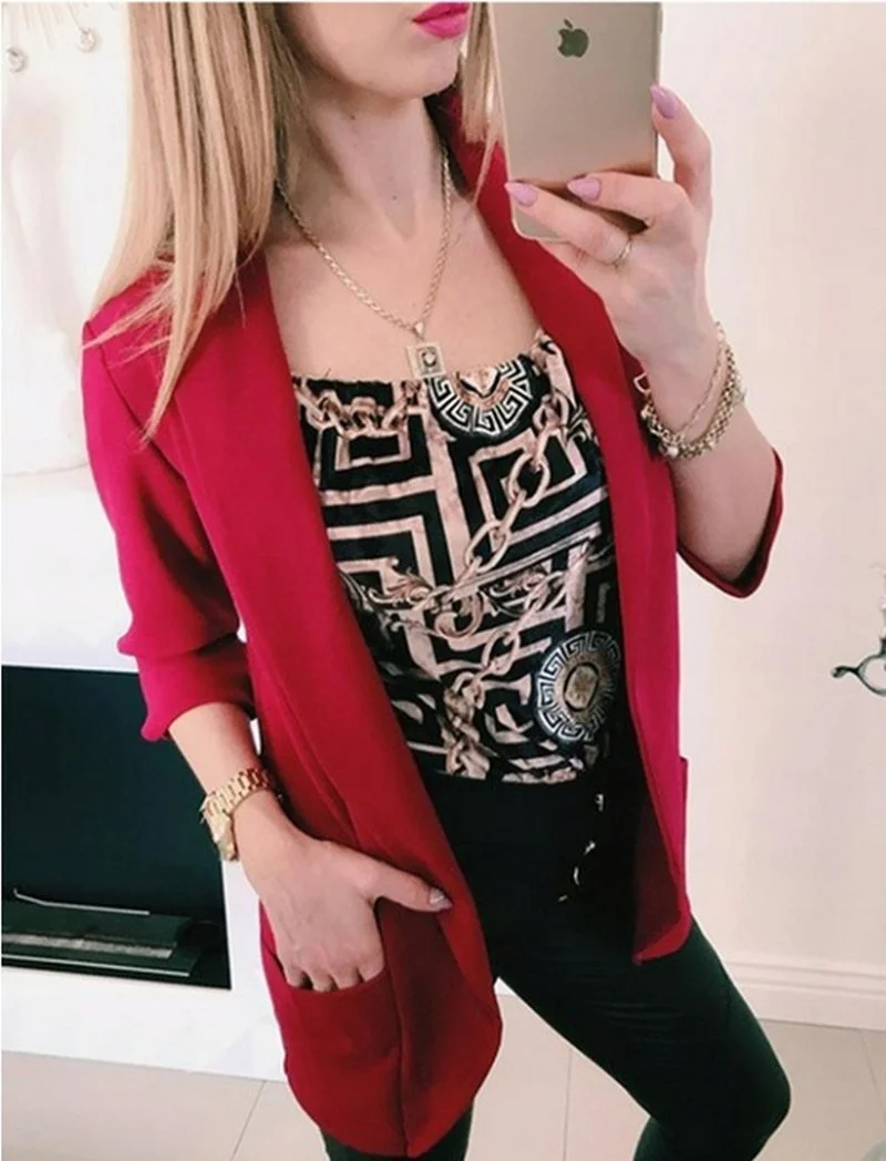 Simple Slim Blazer with Pocket Women Solid Colors Buttonless Lapel Casual Office Blazer 2021 Lady New Work Wear Formal Clothing