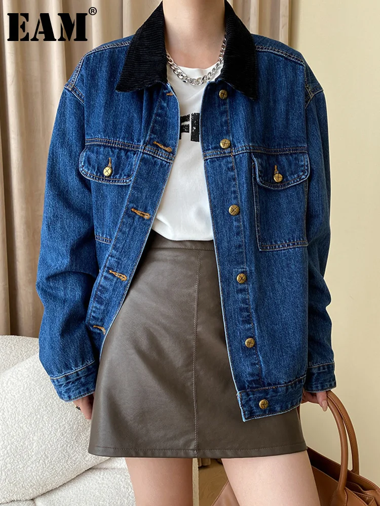 

[EAM] Blue Big Size Denim Vintage Casual Jacket New Lapel Long Sleeve Women Coat Fashion Tide Spring Autumn 2023 1DH1801