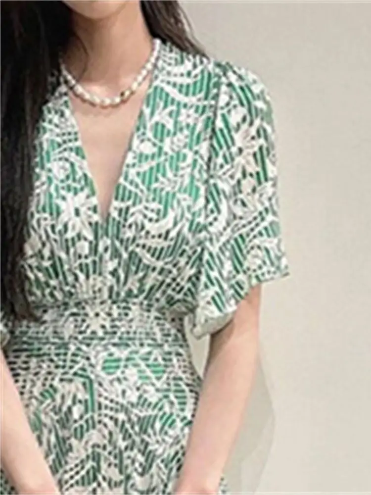 Women's Green Ethnic Stripes Printed Midi Dress 2023 Summer New Female Deep V Short Sleeve Elastic Waist Irregular Slit Hem Robe