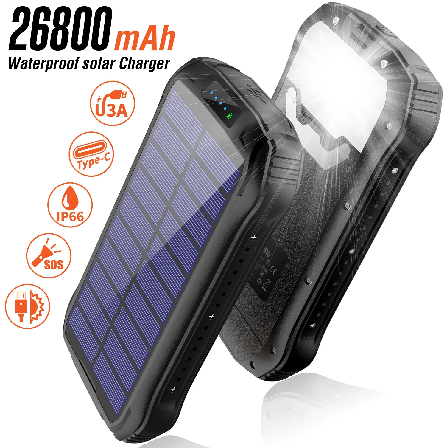 

26800mAh Solar Wireless Power Bank Portable Charger External Battery with Flashlight Powerbank for Xiaomi iPhone 13 14 Poverbank