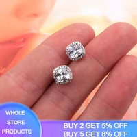 with certificate tibetan silver s925 earrings fashion square shiny cubic zircon double stud earrings for women christmas gift