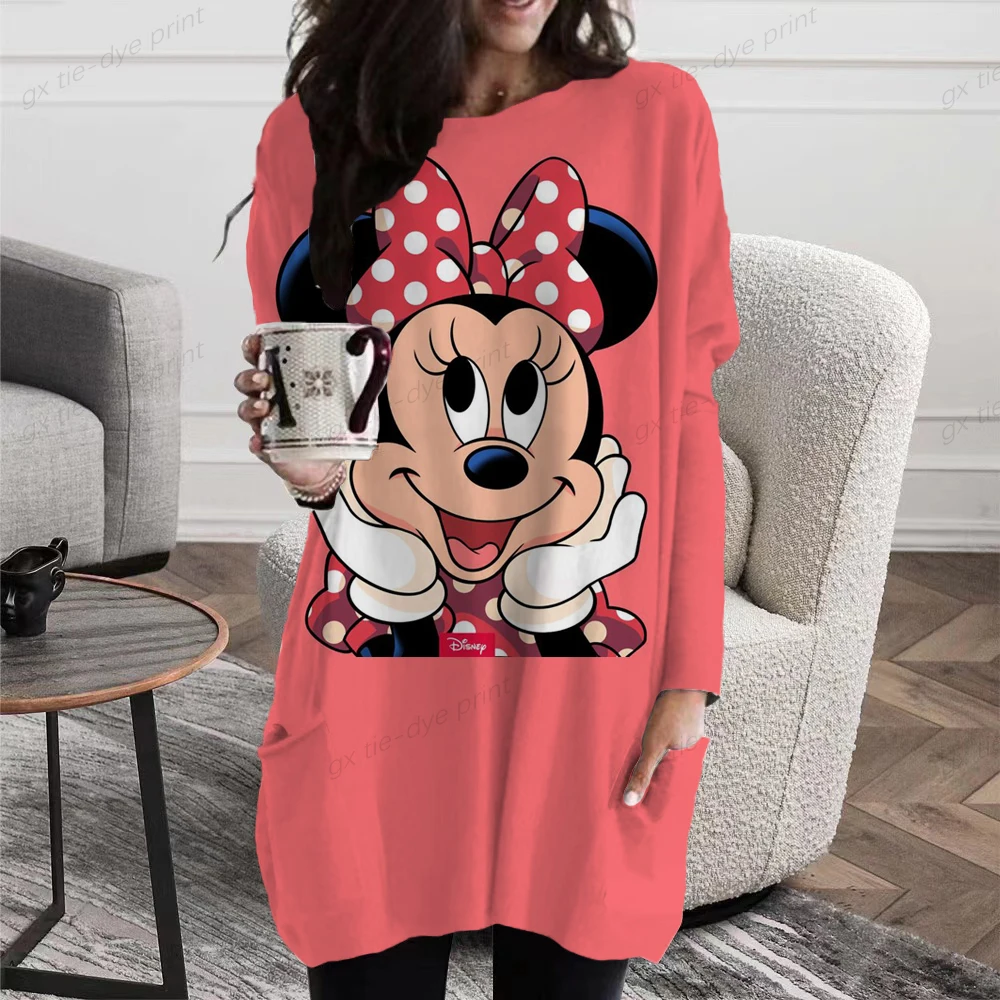 

Осенние женские элегантные топы с длинным рукавом и принтом Минни и Микки Маус, модная повседневная Уличная футболка, сексуальный пуловер, ...