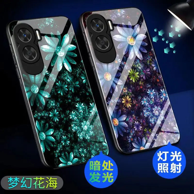 

Luminous Tempered Glass Phone Case For Honor X50i Case Dark In Back Cover For Huawei Honor X50i Case Cover Flowers