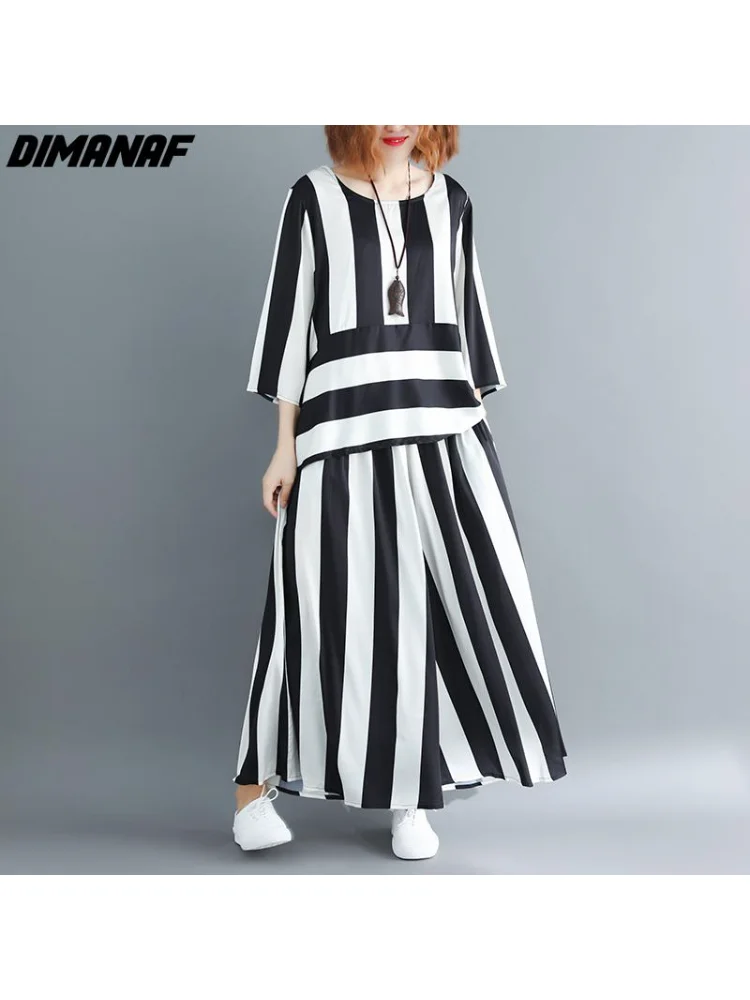 

DIMANAF Plus Size Women Blouse Two Piece Set Striped Shirts Bat Sleeve Summer Chiffon Home Tops Suit Loose Casual Solid Female