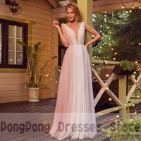 retro evening dresses open back floor length a line tulle v neck sleeveless evening gowns delicate paillette sexy formal dress