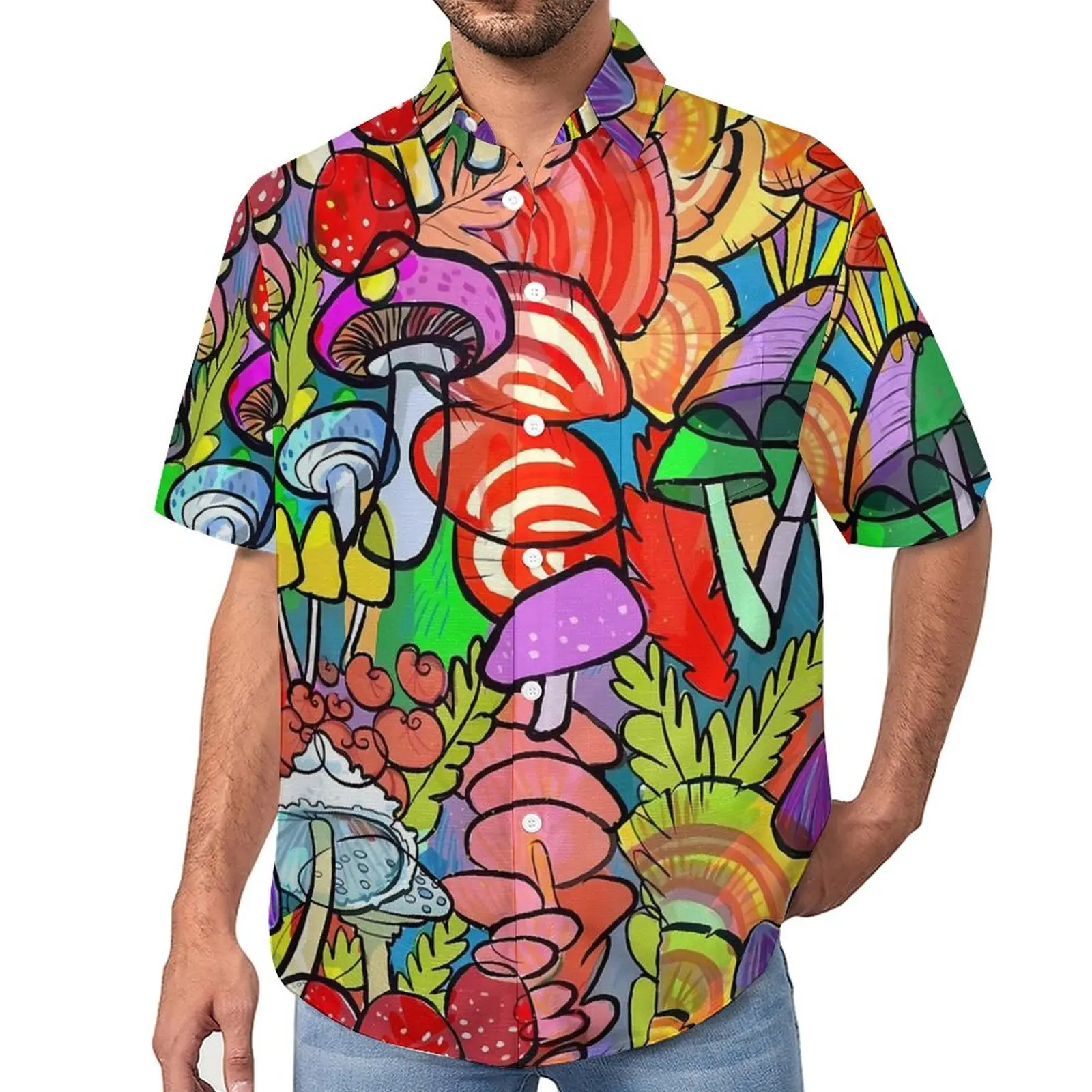 

Forest Appeared Blouses Male Colorful Mushroom Casual Shirts Hawaiian Short Sleeve Printed Y2K Oversized Beach Shirt Gift Idea