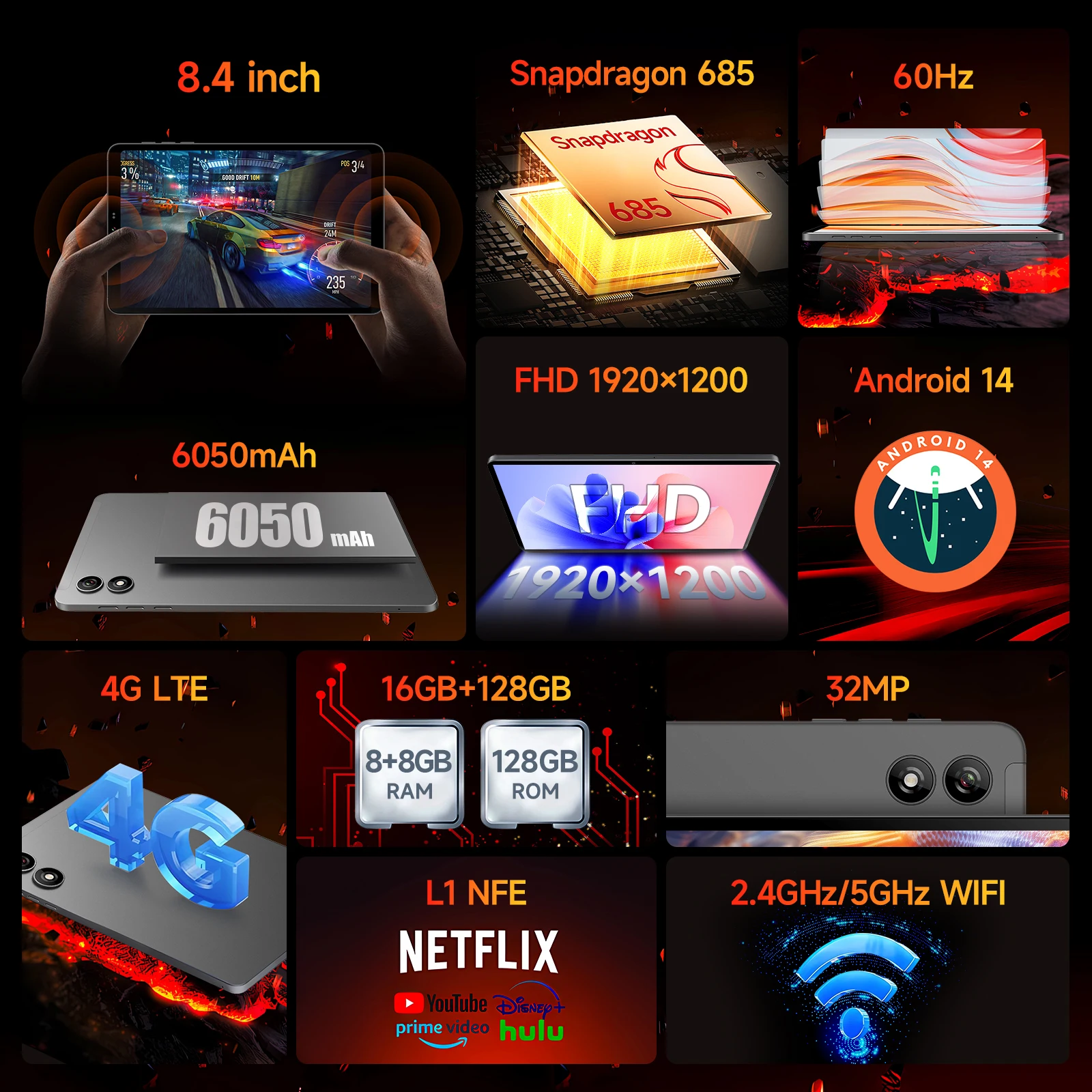 BNCF BPad Mini 8,4-дюймовый чехол Snapdragon685 для планшета Android14, 8 ГБ ОЗУ + 128 ГБ ПЗУ, 6050 мАч, аккумулятор 4G LTE Widevine L1 2K IPS Tab (art.: 3920cfe89ea5e) - 3920cfe89ea5e