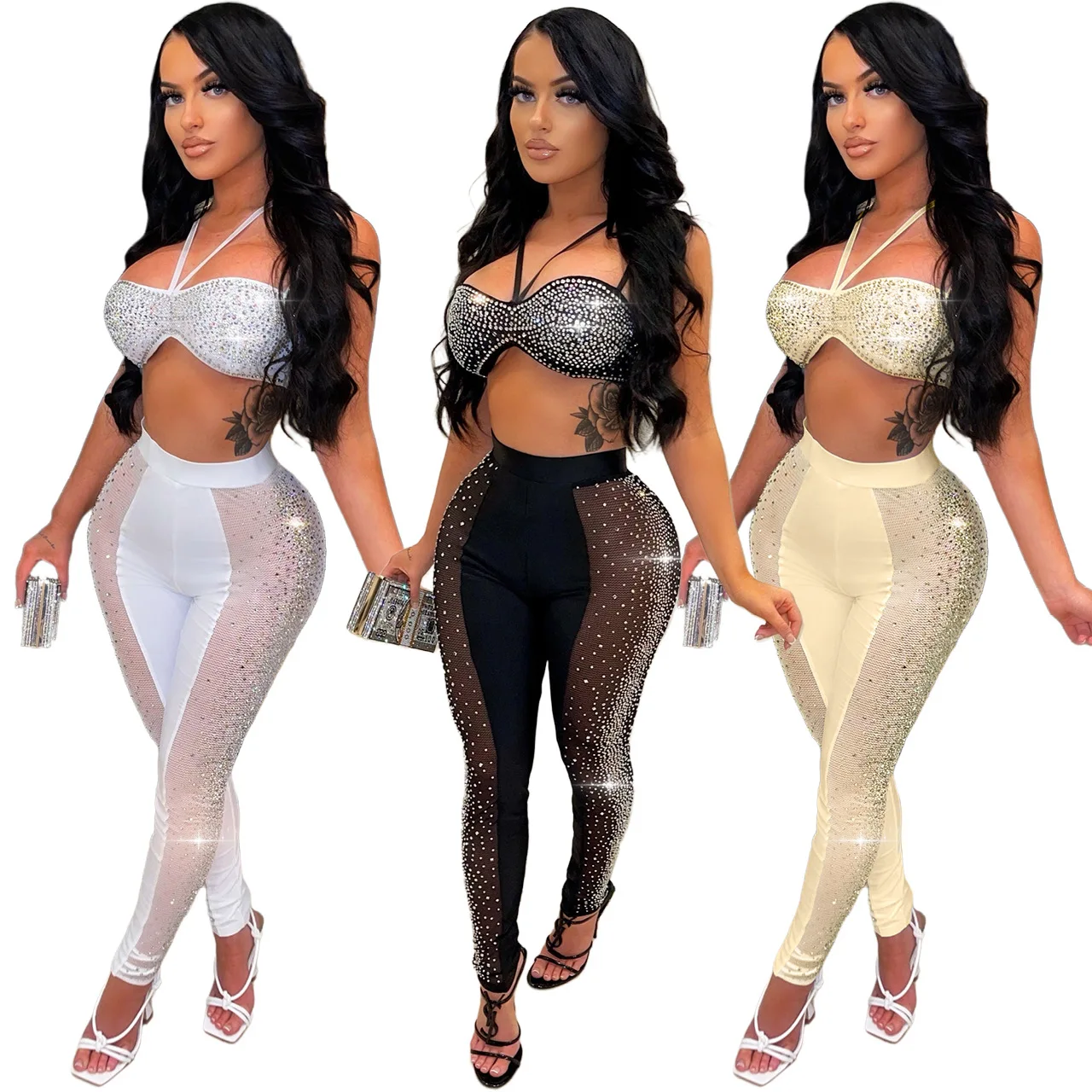 Sparkle Rhinestones Women Nightclub Two Pieces Set Summer 2022 Halter Crop Top Mesh Pants Patchwork Party Sexy Outfits