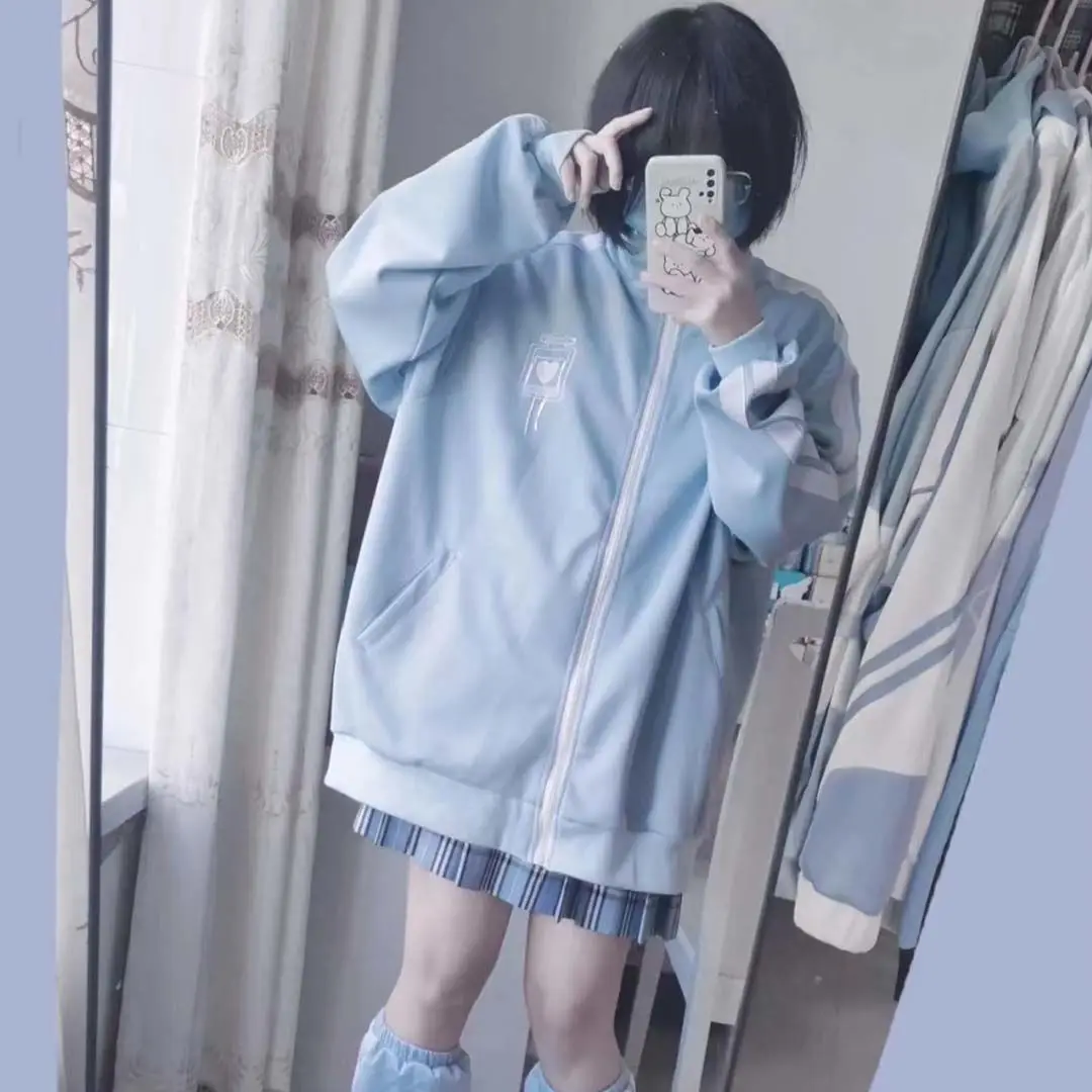 

Y2k Женская Корейская уличная одежда, эстетичная кавайная синяя куртка на молнии в стиле Харадзюку, мультяшная толстовка на молнии, японские топы для девочек