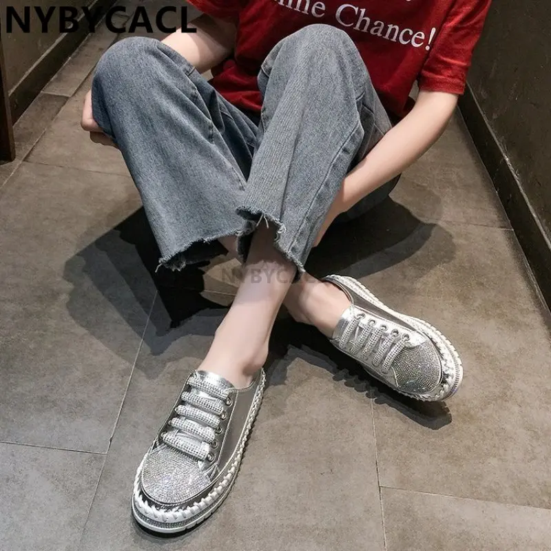 Crystals Round Toe Leather Flats Shoes Women Silver Bling Loafers Couple Platform Shoes Woman Flat With Students Size 41 42 43