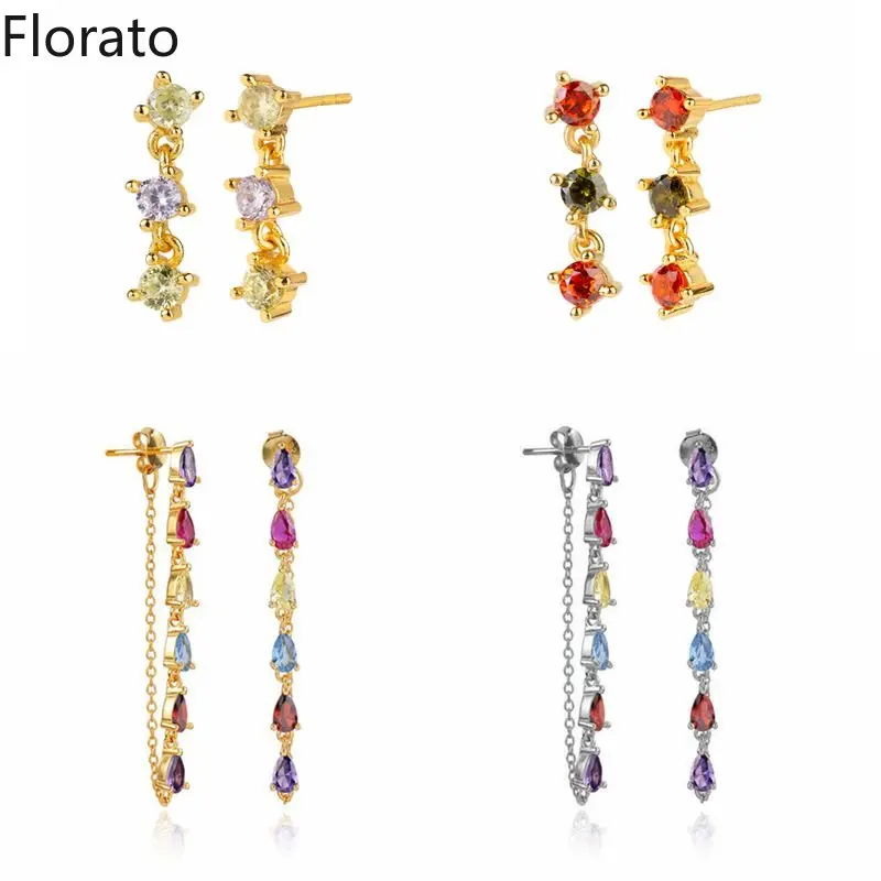 

925 Sterling Silver Ear Needle Colorful Zircon Chain Pendant Stud Earrings Luxurious Earrings for women Fashion Wedding Jewelry