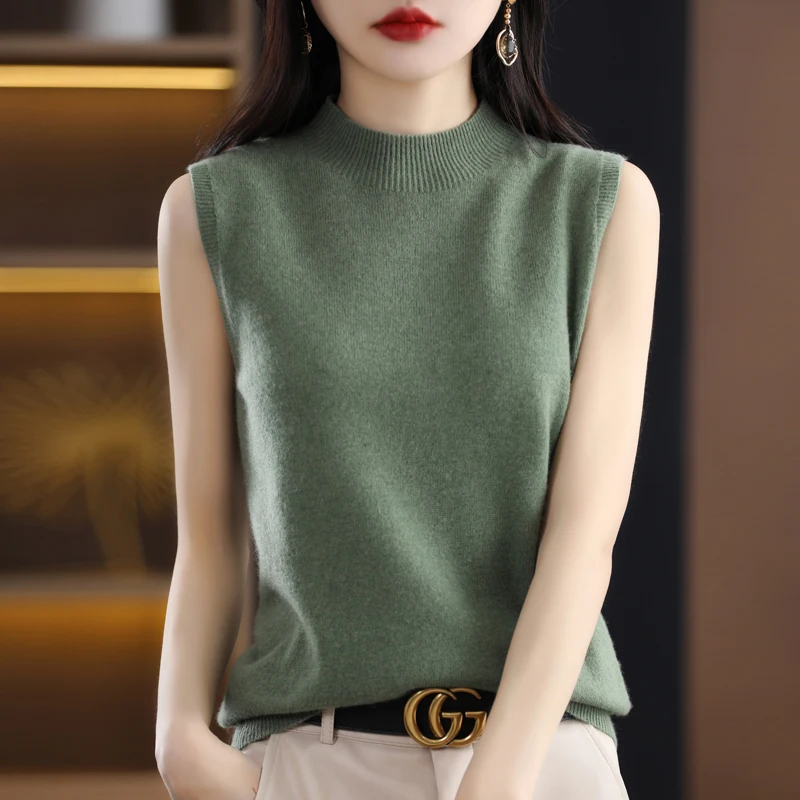 

100% Pure Wool T-shirt Women's Semi-high Neck Knitted Vest Slim Fitting Fashion Pullover Bottom Shirt One-line ready-to-wear