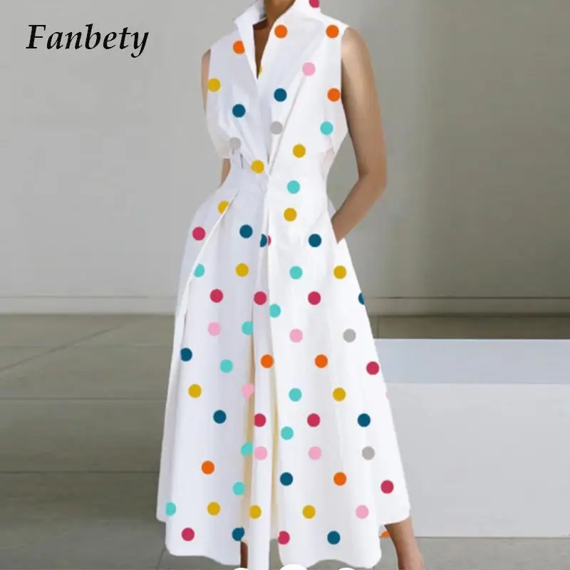 

Fashion Polka Dot Print Waisted A-line Dress Elegant Ladies Sleeveless Lapel Long Dress Summer Women Pleated Dress With Pockets