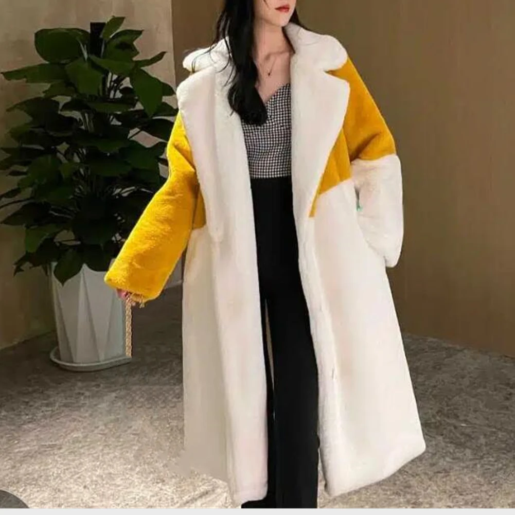 2022 Winter Overcoat Fashion Women Faux Rabbit Fur Coat White Yellow Spliced Female Turn-down Collar Soft Furry Jacket Outwear