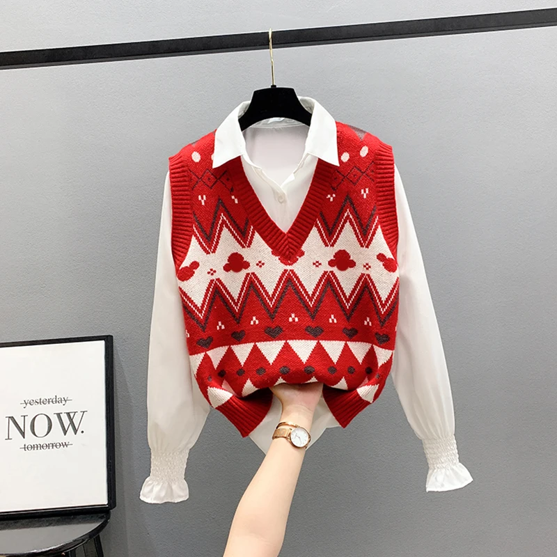 Вязаные жилеты DAYIFUN в клетку со стразами модный приталенный красный синий свитер