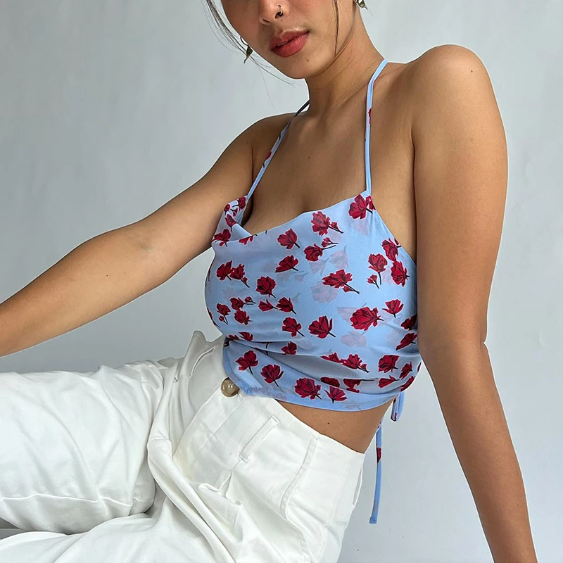 

Floral Print Sleeveless Halter Top Summer Sexy Chest Wrap Backless Bandage Camisole Chic Women Crop Top Holiday Streetwear