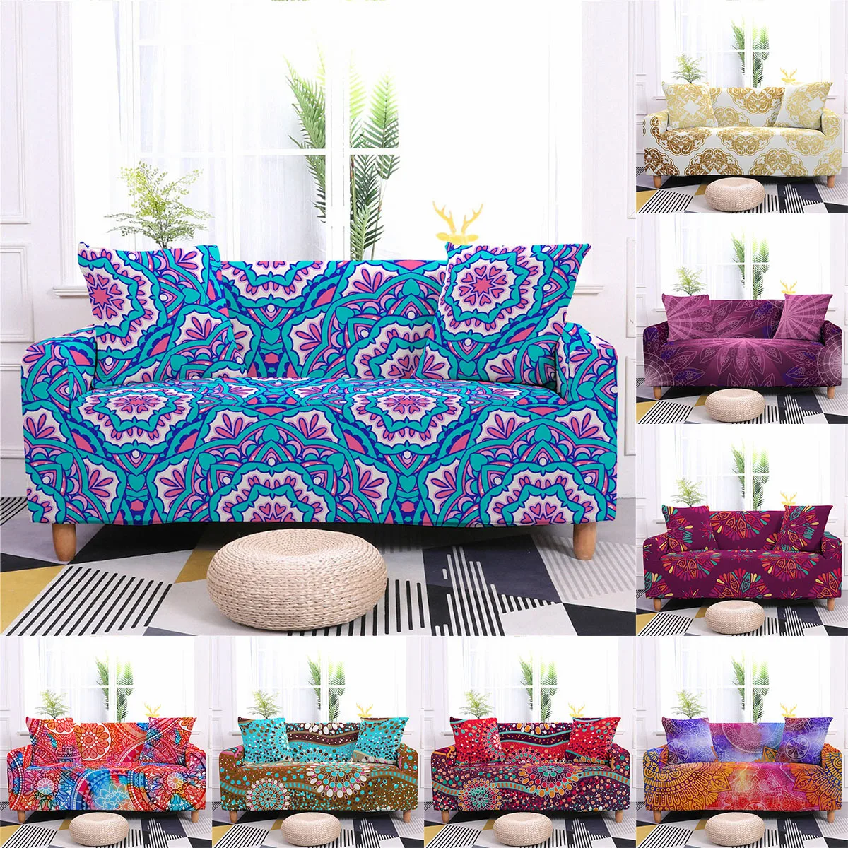 

Dustproof Mandala Pattern Elastic Sofa Cover All Inclusive Home Decor Sofa Covers for Living Room Sectional Sofa Cushion Cover