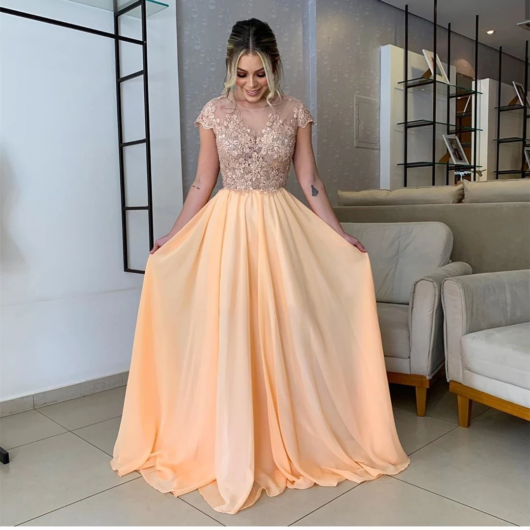 

Elegant A Line Chiffon Evening Dresses 2023 For Woman Lace Applique Prom Party Gowns Cap Sleeve فساتين مناسبة رسمية Mother Dress