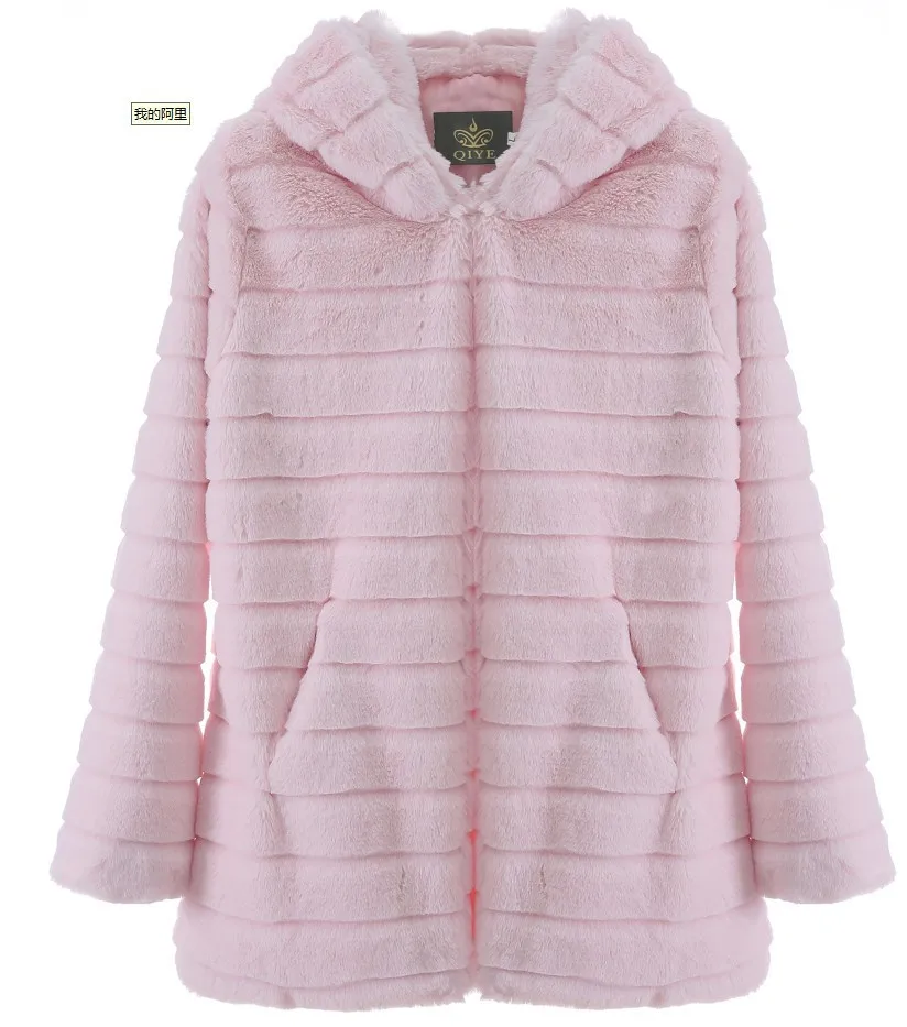 Autumn  winter long fox fur faux fur coat women's medium long Korean fashion fitted hooded warm coat pure color long jacket