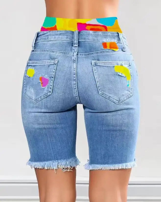 Women Fashion Tie Dye Print Ripped High Waist Denim Shorts European & American Women's Skinny Jeans Shorts