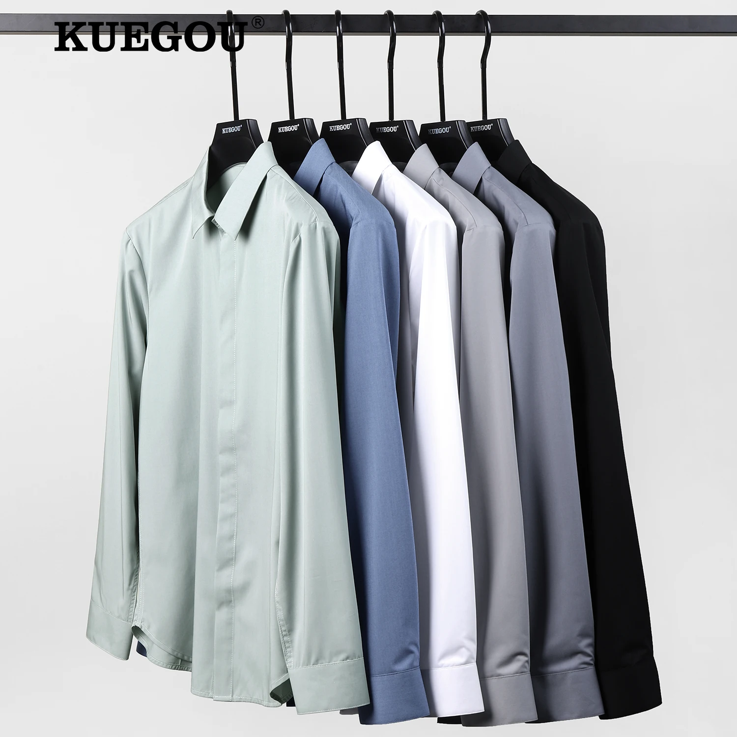 

KUEGOU 2022, новые осенние мужские рубашки с длинным рукавом, однотонные, однотонные, модальные, мягкие, против морщин, деловые, повседневные, большие размеры 25210