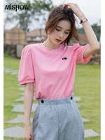 mishow womens t shirt 2022 summer loose o neck short sleeves casual tops embroidered korean fashion womens clothing mxb24t0391